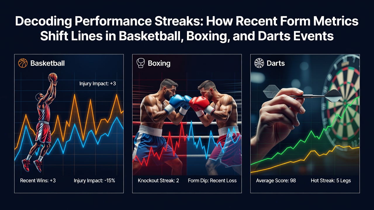 Athletes and competitors in basketball, boxing, and darts showing performance streaks with data overlays on betting lines