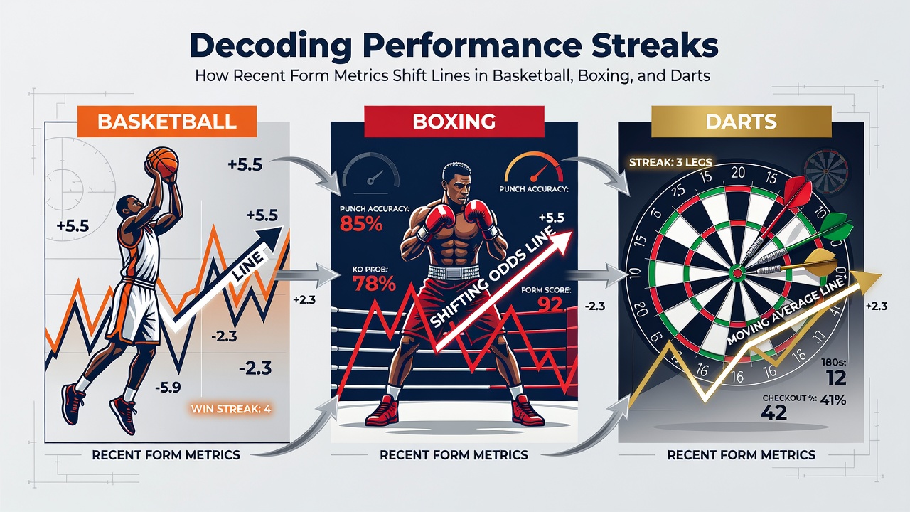 Darts players executing checkouts with performance metrics and shifting betting lines displayed