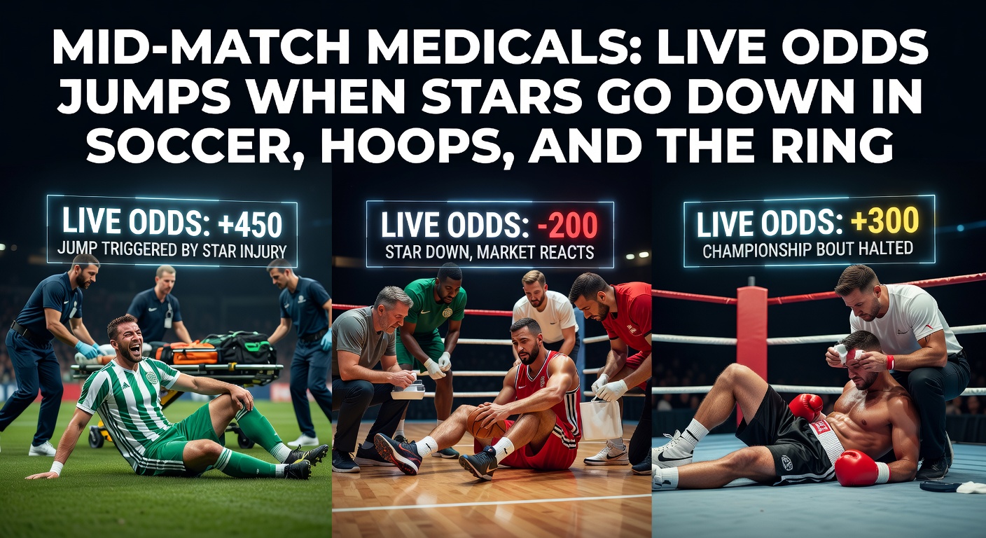 A soccer player on the pitch receiving medical attention from trainers while the crowd watches tensely, with live betting odds overlay flickering on a stadium screen