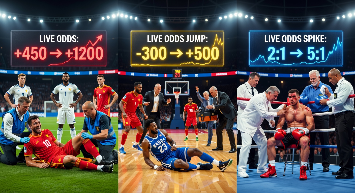 Basketball player grimacing in pain on the court as medical staff swarm, with electronic odds boards in the background showing rapid line movements during an NBA playoff game