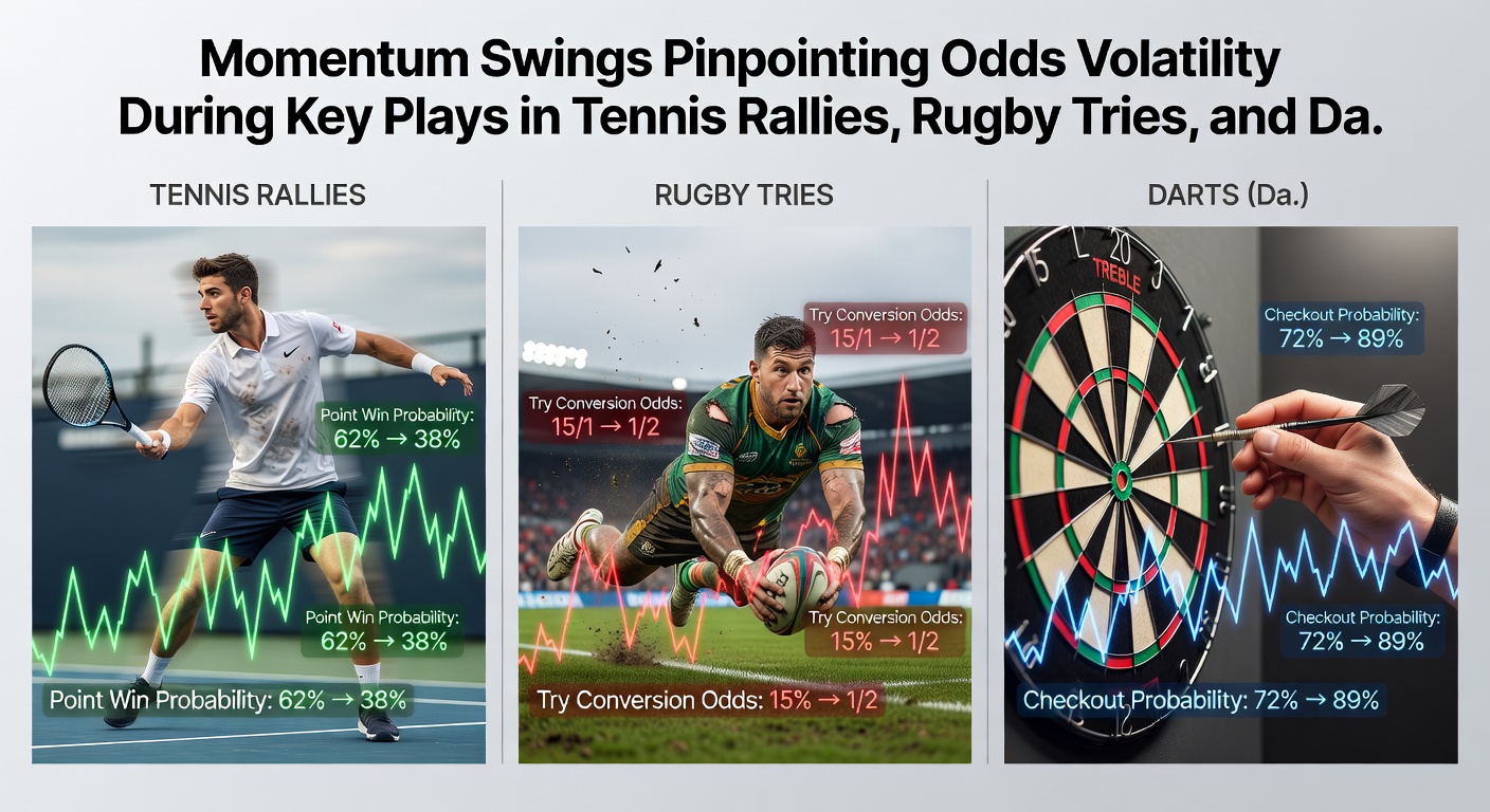 Action shot of a rugby player diving for a try amid defenders, overlaid with odds ticker showing dramatic shifts from 5.00 to 1.50