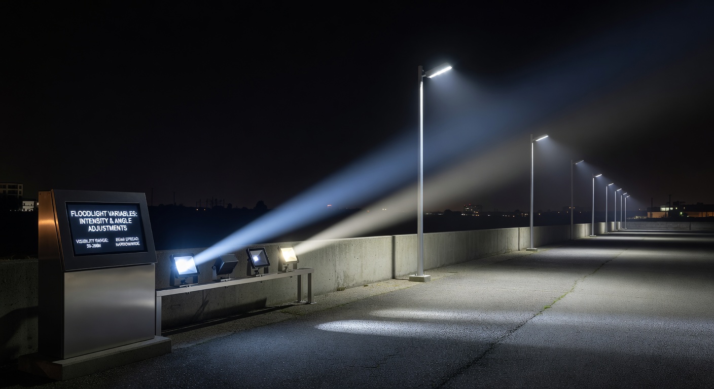 Boxing ring illuminated by overhead floodlights during a professional match with visible light beams