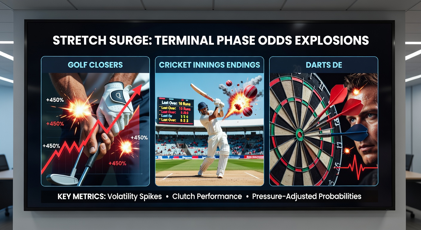 Cricketer smashing a six in the final over, with live odds screen showing massive shift in background