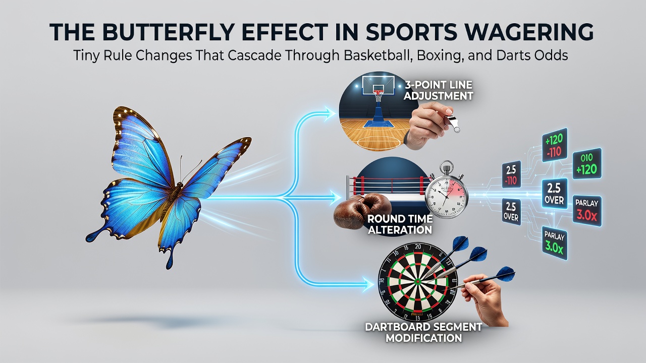 Illustration showing interconnected sports betting odds influenced by minor rule adjustments across basketball, boxing, and darts