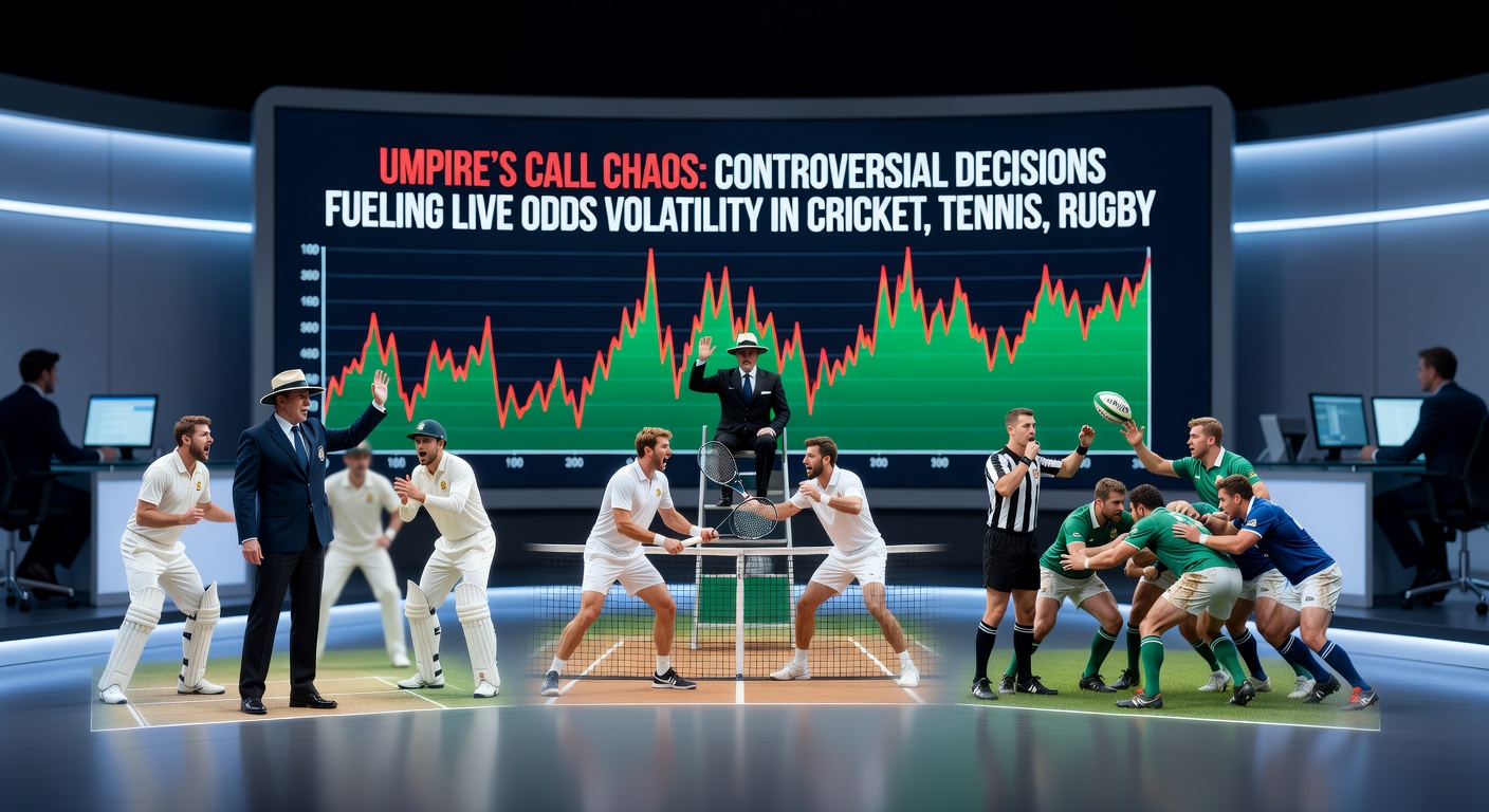 Tennis player challenges a line call during a crucial point, with Hawk-Eye replay screen in the background shaking up live odds