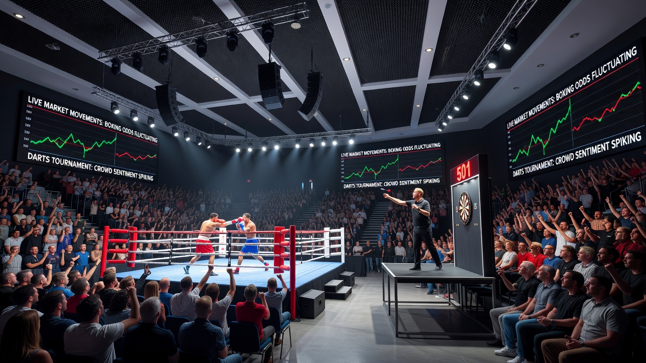 Darts tournament stage with focused crowd acoustics and players preparing throws amid audience noise