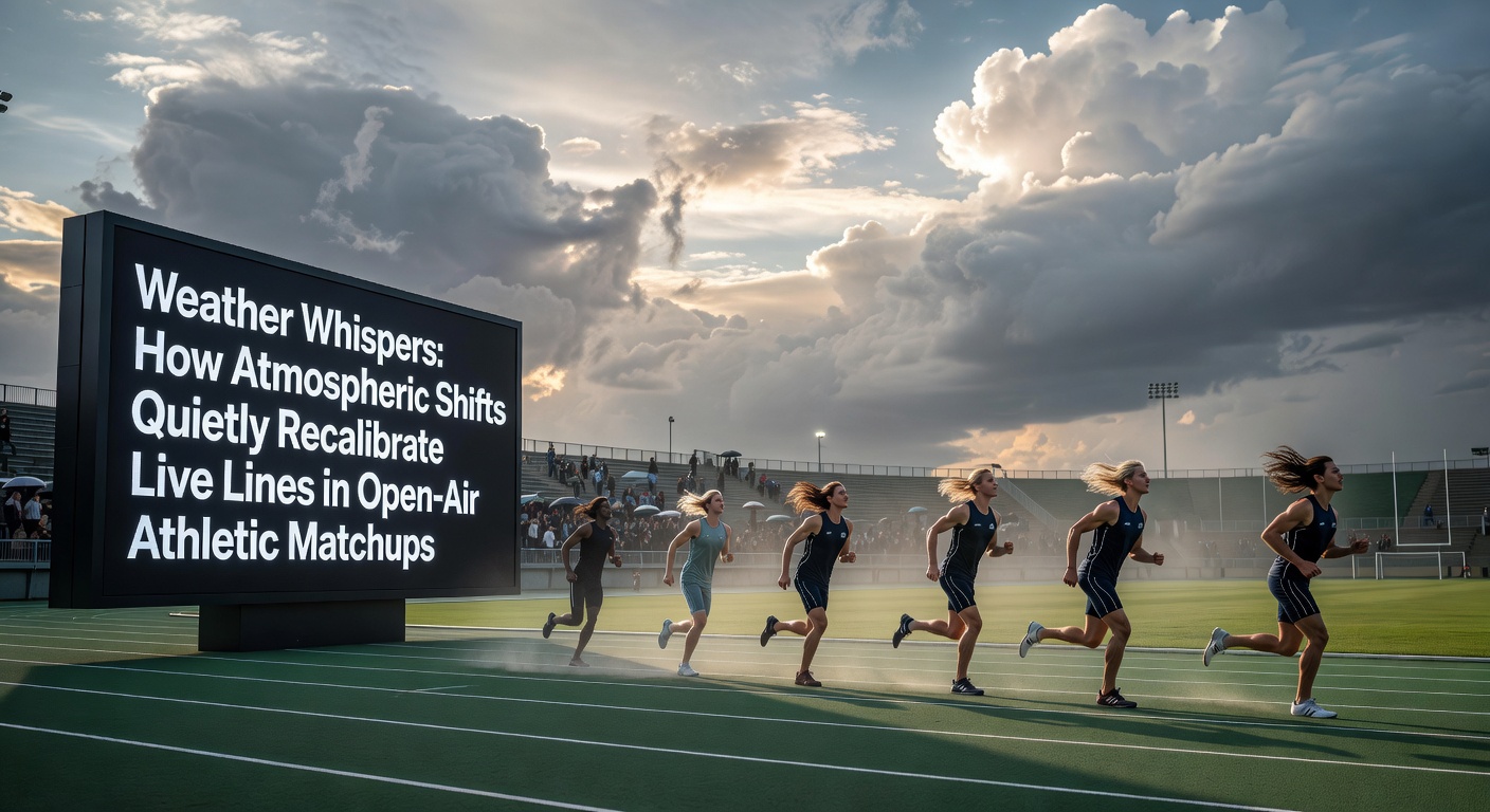 Atmospheric conditions affecting an outdoor tennis match with visible wind and changing skies