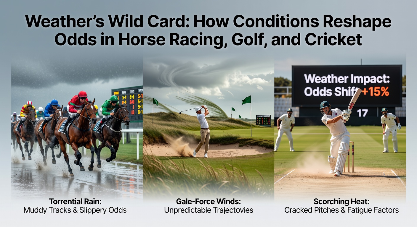 A horse race underway in heavy rain, with jockeys and horses navigating a muddy track under stormy skies