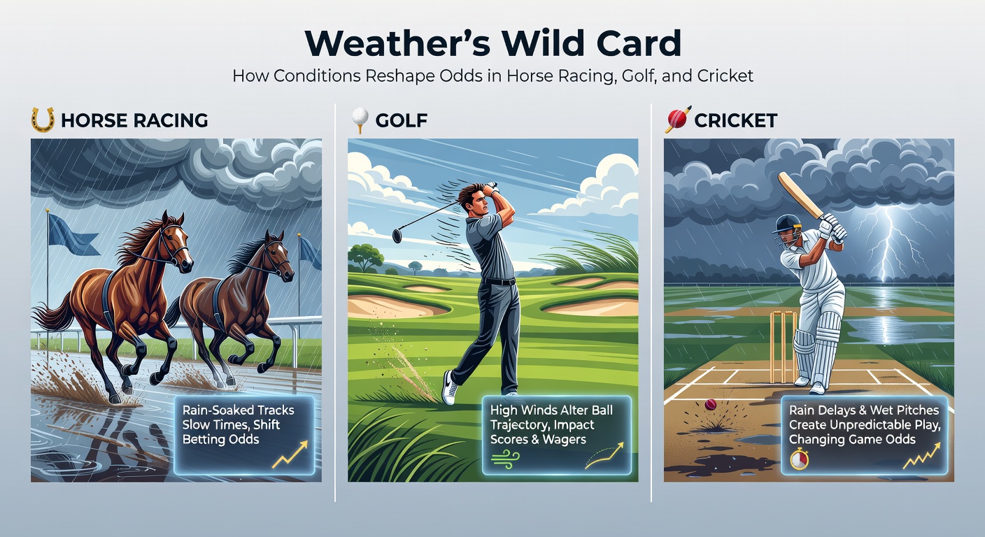 Golfers battling strong winds on a coastal course, with balls hovering mid-air and flags whipping wildly